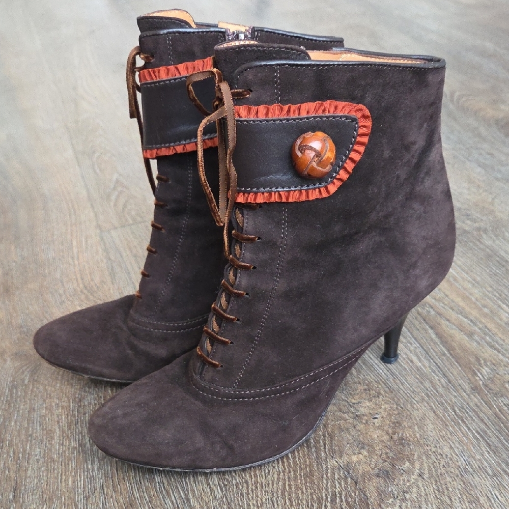 Furla Suede Chocolate Heeled Boots with Crimson Trim Women's Size 38 (Eur)